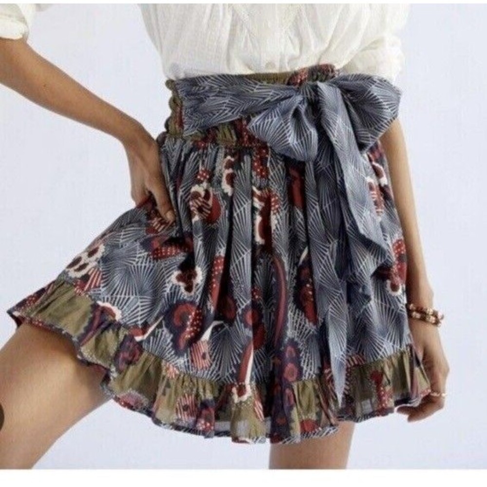 Anthropologie LET ME BE Floral Abstract Belted A-Line Mini Skirt Boho XS NWT